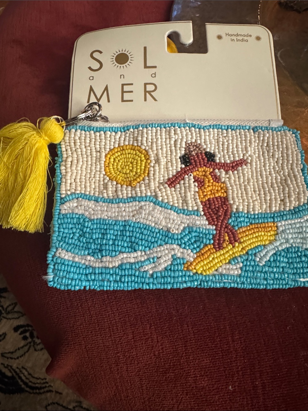 SOL and MER Beaded Turquoise & Yellow Surfer Wristlet Clutch
